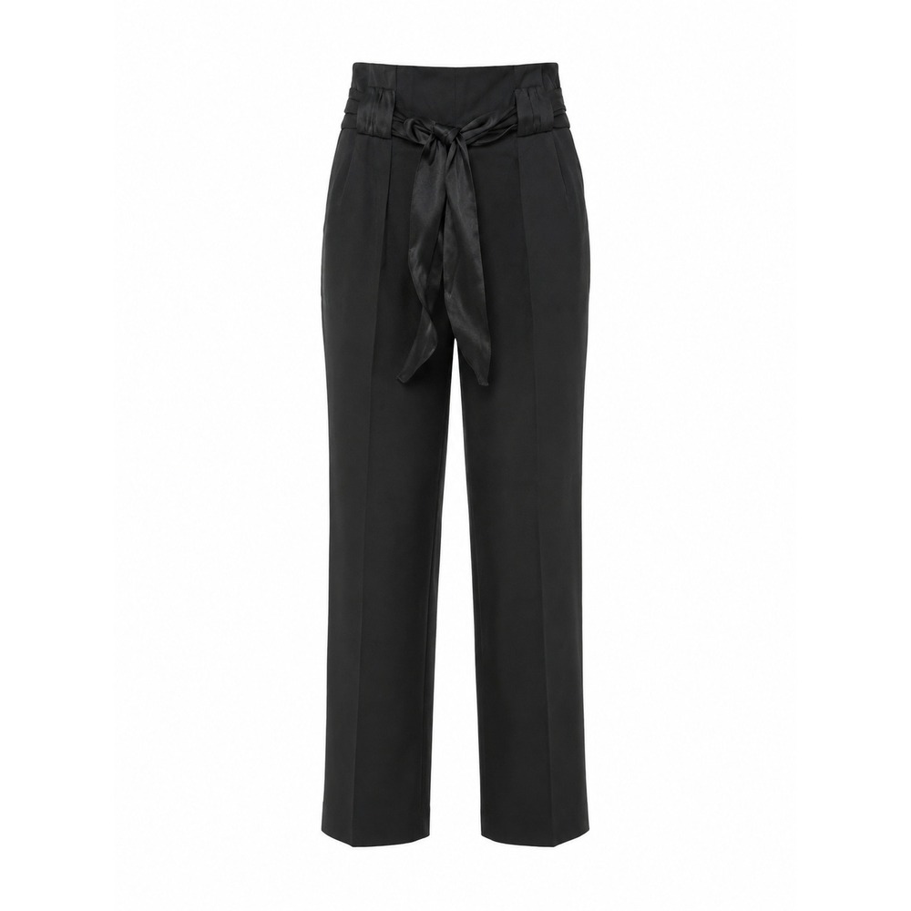 The Kooples Trousers Black Wool Wide Leg Pants Satin Tie Waist Size FR 40/ US 8‎
